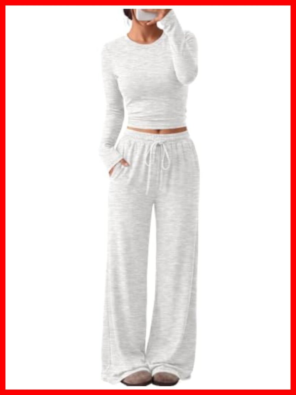 2 Piece Lounge Set Long Sleeve Top Wide Leg Pants Side Pockets Comfort